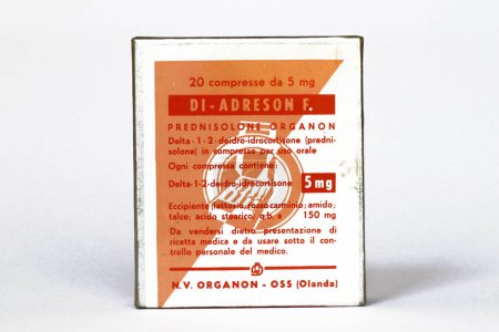 Photo for Rome, Italy  February 26, 2022: Vintage 1956 DI-ADRESON F. - Prednisolone tablets medicine, corticosteroids hormones for the treatment of inflammatory diseases. N.V. ORGANON  OSS - Royalty Free Image