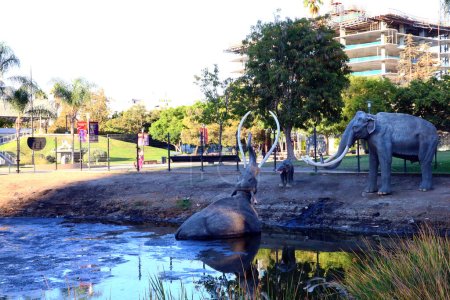 Téléchargez les photos : Los Angeles, Californie - 2 octobre 2019 : LA BREA TAR PITS & Museum, l'un des sites de fouilles fossiles les plus célèbres au monde - Sculpture mammouth - en image libre de droit