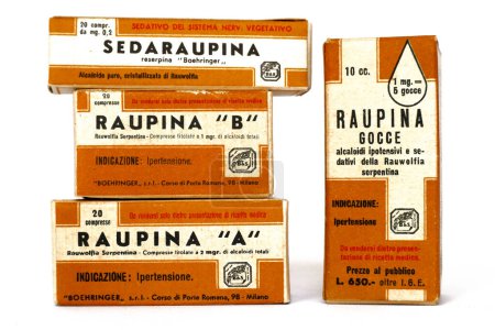 Photo for Rome, Italy  February 22, 2022: Vintage 1950s RAUPINA and SEDARAUPINA medicines with Rauwolfia Serpentina Alkaloids for the treatment of hypertension. BOEHRINGER s.r.l. - Milan (Italy) - Royalty Free Image