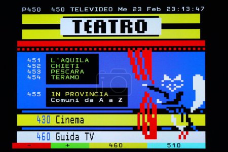 Photo for Rome, Italy  February 21, 2022: TELETEXT index of ratings of viewers share. Televideo RAI, italian State-owned broadcast. Original photo with simple graphic screen view from a vintage tv color - Royalty Free Image