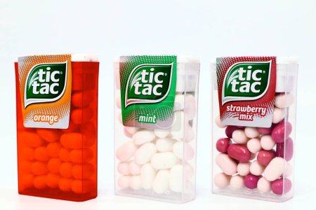 Photo for Pescara, Italy  December 26, 2019: TIC TAC Mint, Orange and Strawberry mix candies. Tic Tac is a brand of Ferrero - Royalty Free Image