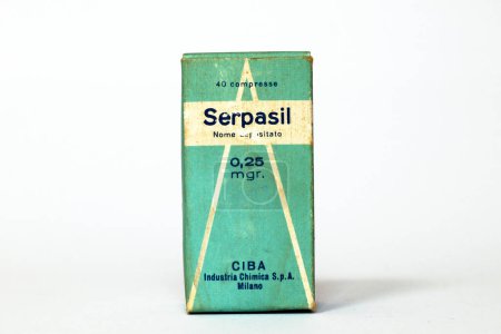 Photo for Milan, Italy  March 3, 2022: Vintage 1950s SERPASIL CIBA, pure rauwolfia alkaloid, reserpine medicine for the treatment of high blood pressure and sedative. CIBA  Milan (Italy) - Royalty Free Image