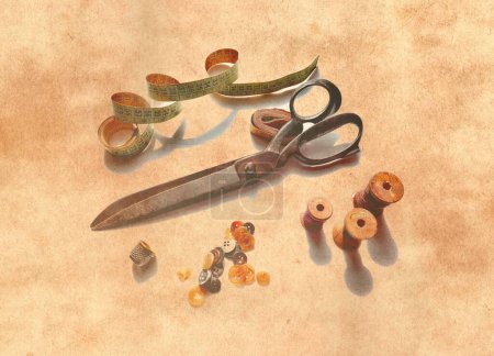 Photo for Original Vintage Dressmaker Tailor Wooden Spools, Meter, Buttons, Thimble, Skein and Big Scissors on Antique Parchment sheet - Royalty Free Image