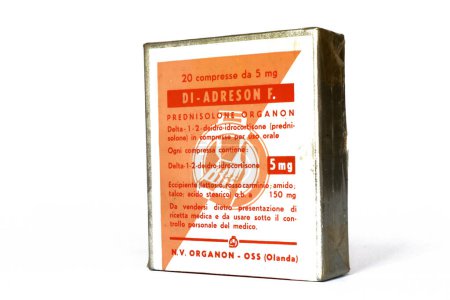 Photo for Rome, Italy  February 26, 2022: Vintage 1956 DI-ADRESON F. - Prednisolone tablets medicine, corticosteroids hormones for the treatment of inflammatory diseases. N.V. ORGANON  OSS - Royalty Free Image