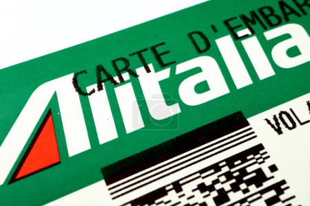 Photo for Rome, Italy  September 11, 2021: ALITALIA airlines, logo on Boarding Pass - Royalty Free Image