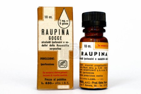 Photo for Rome, Italy  February 22, 2022: Vintage 1950s RAUPINA A tablets medicine with Rauwolfia Serpentina Alkaloids for the treatment of hypertension. BOEHRINGER s.r.l. - Milan (Italy) - Royalty Free Image