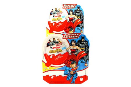 Photo for Pescara, Italy  March 23, 2019: Kinder JOY Merendero JUSTICE LEAGUE Chocolate Eggs. Kinder is a brand of products made in Italy by Ferrero, Justice League is a Trademark of DC Comics WB SHIELD WBEI - Royalty Free Image