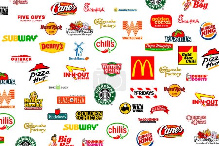 Foto de Una colección de logotipos de conocidas empresas líderes mundiales de restaurantes de comida rápida - Imagen libre de derechos