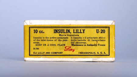 Photo for Rome, Italy  November 13, 2021: Vintage 1930s INSULIN Lilly U-20, 10cc, 200 Units. Eli Lilly and Company, Indianapolis - USA - Royalty Free Image