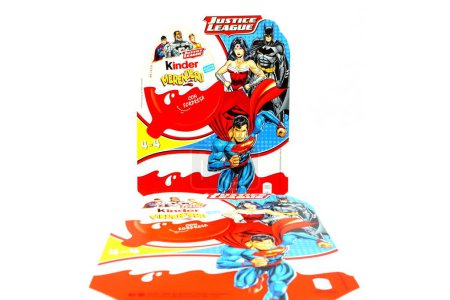 Photo for Pescara, Italy  March 23, 2019: Kinder JOY Merendero JUSTICE LEAGUE Chocolate Eggs. Kinder is a brand of products made in Italy by Ferrero, Justice League is a Trademark of DC Comics WB SHIELD WBEI - Royalty Free Image