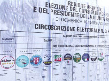 Foto de Pescara, Italia - 27 de enero de 2019: Carteles del Muro Electoral para las ELECCIONES Regionales ABRUZZO del 10 de febrero de 2019 - Lista de candidatos y símbolos de los partidos políticos - Imagen libre de derechos