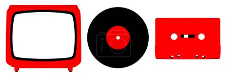 Téléchargez les photos : Vintage Rétro Red TV, disque vinyle et cassette isolée - en image libre de droit