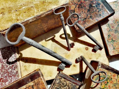 Photo for Original Antique Old BOOKS and Vintage KEYS, Leather-Bound and Marbled Paper Book - Royalty Free Image