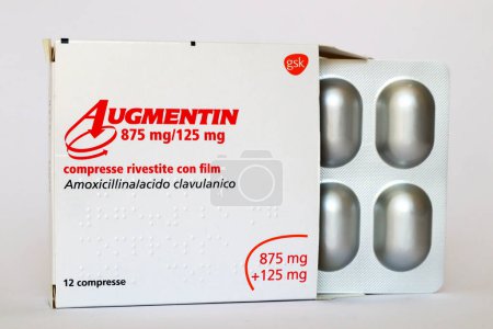 Photo for Rome, Italy  August 16, 2022: AUGMENTIN medicine with amoxicillin and clavulanic acid. Medication used to treat infections caused by bacteria. Augmentin is a trademark of GSK GlaxoSmithKline - Royalty Free Image