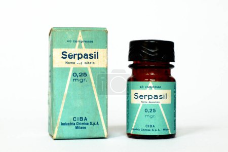 Photo for Milan, Italy  March 3, 2022: Vintage 1950s SERPASIL CIBA, pure rauwolfia alkaloid, reserpine medicine for the treatment of high blood pressure and sedative. CIBA  Milan (Italy) - Royalty Free Image