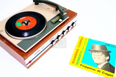 Photo for Pescara, Italy  April 28, 2020: 1970 Vinyl Record SIGNAL Label on 1966 MONARCH Record Player - Royalty Free Image