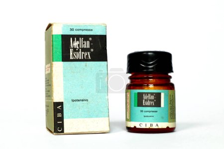 Photo for Milan, Italy  March 3, 2022: Vintage 1950s ADELFAN-ESIDREX CIBA, Hypotensive medicine with Reserpine. CIBA S.A. - Basel, Switzerland - Royalty Free Image