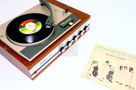 Photo for Pescara, Italy  April 28, 2020: 1970 Vinyl Record SIGNAL Label on 1966 MONARCH Record Player - Royalty Free Image
