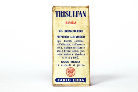 Photo for Milan, Italy  March 3, 2022: Vintage 1950s TRISULFAN ERBA, Sulfonamide medicine for the treatment of streptococcus pneumoniae, meningococcus infections. CARLO ERBA  Milan - Royalty Free Image