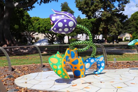 Photo for Beverly Hills, California - May 20, 2019: Tulips by Yayoi Kusama on Beverly Gardens Park on Santa Monica Blvd, Beverly Hills - Royalty Free Image