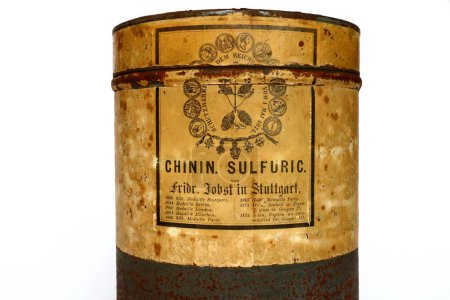 Photo for Rome, Italy  February 19, 2022: Vintage 1880s CHININ SULFURIC Fridr. Jobst, Quinine Sulphate medicine for the treatment of Malaria. FRIDRICH JOBST in Stuttgart (Germany) - Royalty Free Image
