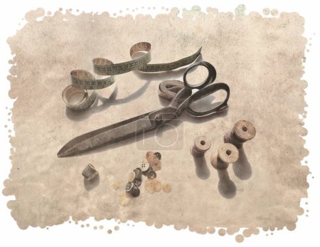 Photo for Original Vintage Dressmaker Tailor Wooden Spools, Meter, Buttons, Thimble, Skein and Big Scissors on Antique Parchment sheet - Royalty Free Image