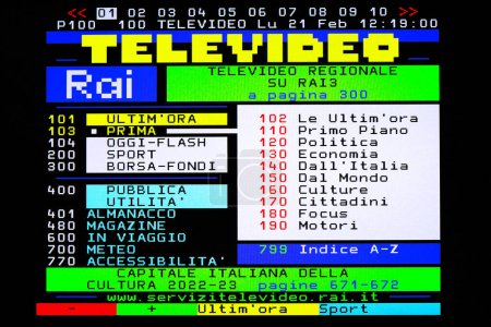 Photo for Rome, Italy  February 21, 2022: TELETEXT index of ratings of viewers share. Televideo RAI, italian State-owned broadcast. Original photo with simple graphic screen view from a vintage tv color - Royalty Free Image