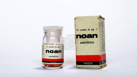 Photo for Vintage 1960s NOAN Anxiolytic medicine with benzodiazepine for the treatment of psychosomatic diseases and epilepsy therapy. U. Ravizza s.a.s - Italy - Royalty Free Image