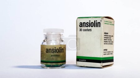 Photo for Vintage 1960s ANSIOLIN Anxiolytic medicine with benzodiazepine for the treatment of erethism states, restlessness, insomnia and epilepsy therapy. Scharper S.p.A. - Italy - Royalty Free Image