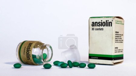 Photo for Vintage 1960s ANSIOLIN Anxiolytic medicine with benzodiazepine for the treatment of erethism states, restlessness, insomnia and epilepsy therapy. Scharper S.p.A. - Italy - Royalty Free Image