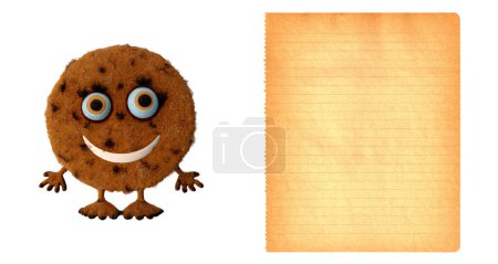 Lustige Cookie lächelnd und Blatt Papier mit Ihrem Plätzchen Rezept füllen - 3D-Illustration isoliert auf weißem Hintergrund