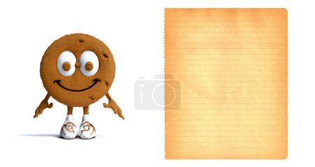 Funny Cookie smiling and sheet of paper to fill with yours cookie recipe - 3D Illustration isolated on white background