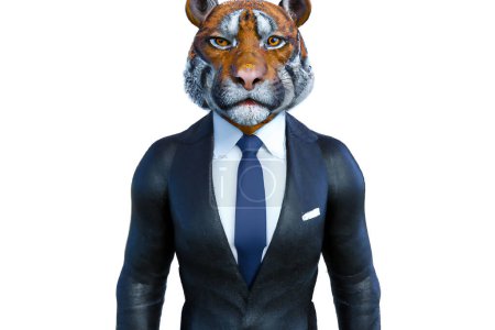 Téléchargez les photos : Portrait of Tiger in a business suit - Digital 3D Illustration on white background - en image libre de droit