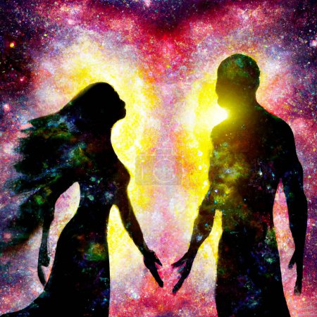 Foto de Man and Woman silhouettes at abstract cosmic background. Human souls couple in love and spiritual life concept - Imagen libre de derechos