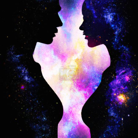 Man and Woman silhouettes at abstract cosmic background. Human souls couple in love and spiritual life concept