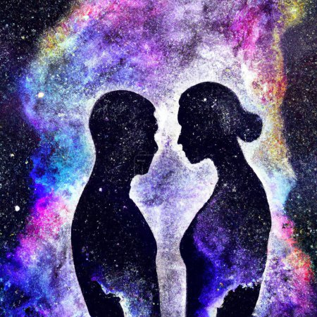 Man and Woman silhouettes at abstract cosmic background. Human souls couple in love and spiritual life concept