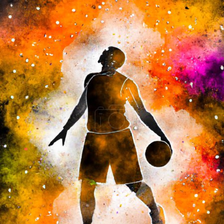 Téléchargez les photos : Basketball Player Silhouette at abstract cosmic background  Digital Abstract Illustration - en image libre de droit