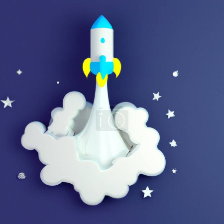 Téléchargez les photos : Space Rocket flying toward the clouds  Digital Illustration - en image libre de droit