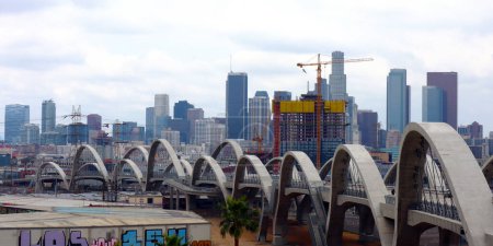 Photo for Los Angeles, California, USA - May 29, 2023: view of Los Angeles downtown from The Ribbon Of Light, 6th Street Bridge - Royalty Free Image