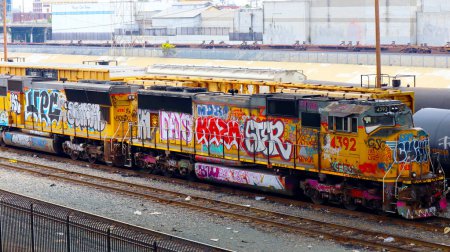 Photo for Los Angeles, California, USA - May 29, 2023: Freight Train Graffiti at Union Pacific Railroad locomotive - Royalty Free Image