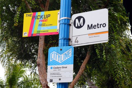 Photo for West Hollywood, California, USA - May 30, 2023: CITYLINE, LA METRO and THE PICKUP Bus Stop sign on Santa Monica Blvd, West Hollywood - Royalty Free Image