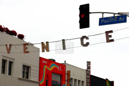 Photo for Venice Beach (Los Angeles), California, USA - June 1, 2023: VENICE Sign at the intersection of Windward Ave and Pacific Ave - Royalty Free Image