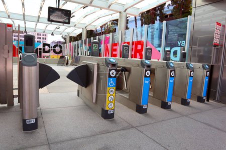 Photo for Los Angeles, California  June 16, 2023: view of Los Angeles Metro Rail Station with Turnstiles, Transit Access Pass - Royalty Free Image