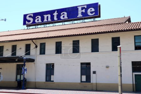 Photo for SAN DIEGO, California - June 30, 2023: San Diego SANTA FE Depot Trains and MTS bus stop - Royalty Free Image