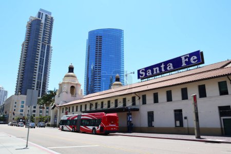 Photo for SAN DIEGO, California - June 30, 2023: San Diego SANTA FE Depot Trains and MTS bus stop - Royalty Free Image