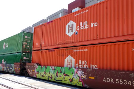 Photo for Los Angeles, California  July 6, 2023: freight train with HUB GROUP Container blocks - Royalty Free Image