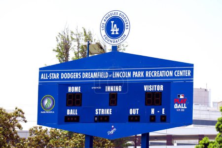 Photo for Los Angeles, California  July 6, 2023: LA Los Angeles Dodgers Foundation, All-Star Dodgers Dreamfield at Lincoln Park Recreation Center in Lincoln Heights  Baseball Scoreboard - Royalty Free Image