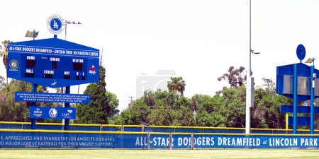 Photo for Los Angeles, California  July 6, 2023: LA Los Angeles Dodgers Foundation, All-Star Dodgers Dreamfield at Lincoln Park Recreation Center in Lincoln Heights  Baseball Scoreboard - Royalty Free Image