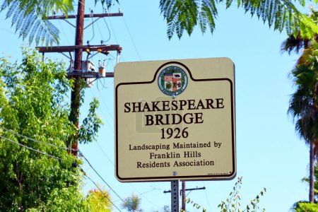 Photo for Los Angeles, California  October 2, 2023: The Shakespeare Bridge sign. The bridge in a Gothic style built in 1926, located in the Franklin Hills neighborhood of Los Angeles, California - Royalty Free Image