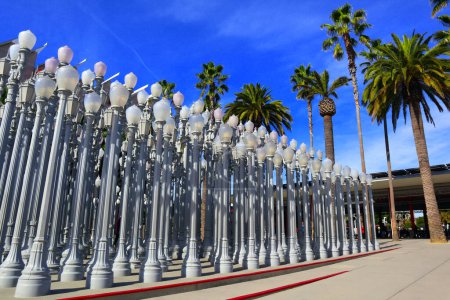 Photo for Los Angeles, California  December 10, 2023: Public Art URBAN LIGHT a sculpture by Chris Burden at the LACMA, Los Angeles County Museum of Art - Royalty Free Image